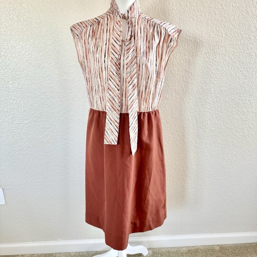Striped Tie-Neck Midi Dress in Rust and Neutral